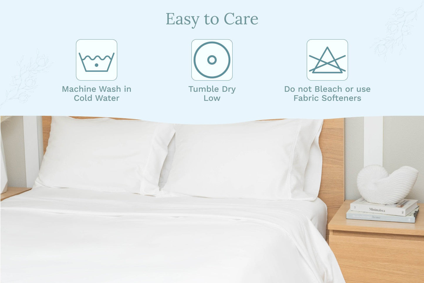 Off-white organic sateen bed sheets set styled on bed with smooth drape