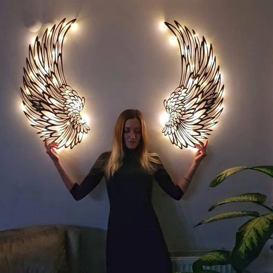Carved Metal Wall Decor Art With Light Angel Wings Decoration - Renee Lane Company