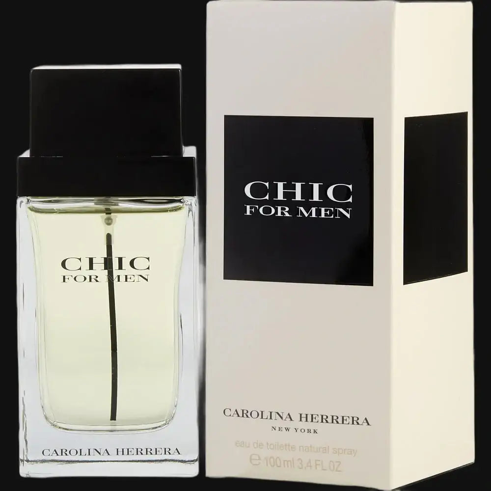 Men's cologne bottle with Chic for Men label, clear glass and black cap, with box