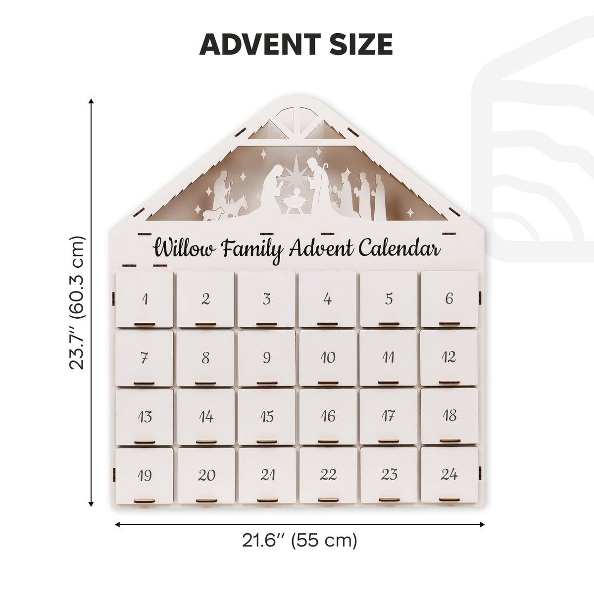 White advent calendar size diagram showing height and width with 24 numbered drawers