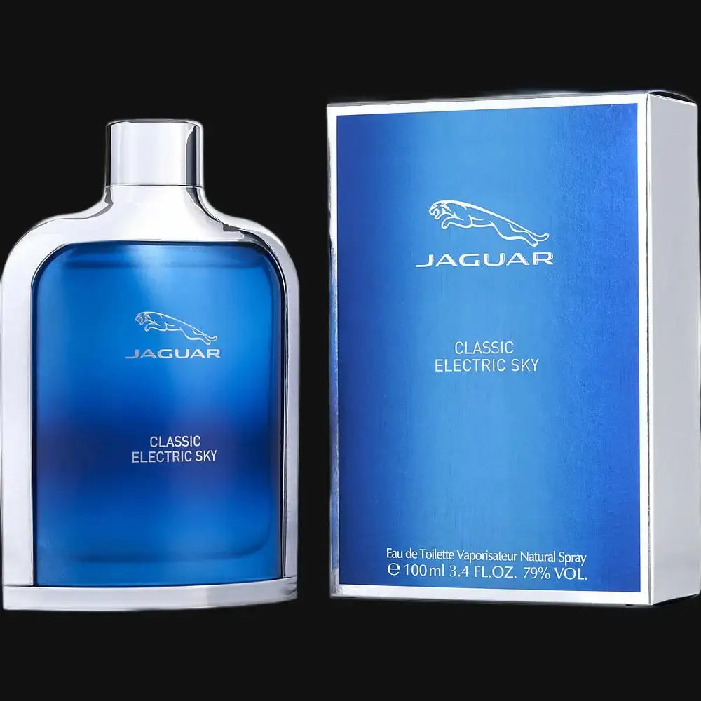 Jaguar cologne bottle and box, blue gradient glass with silver cap and label