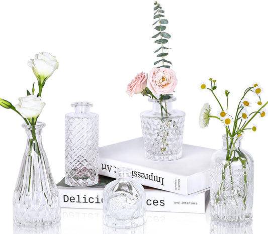 Clear Glass Bud Vases Set of 5 Mini Flower Vases for Centerpieces Small Clear Vases in Bulk for Wedding Decorations Vintage Vases for Table Recepetion Home Décor - Renee Lane Company