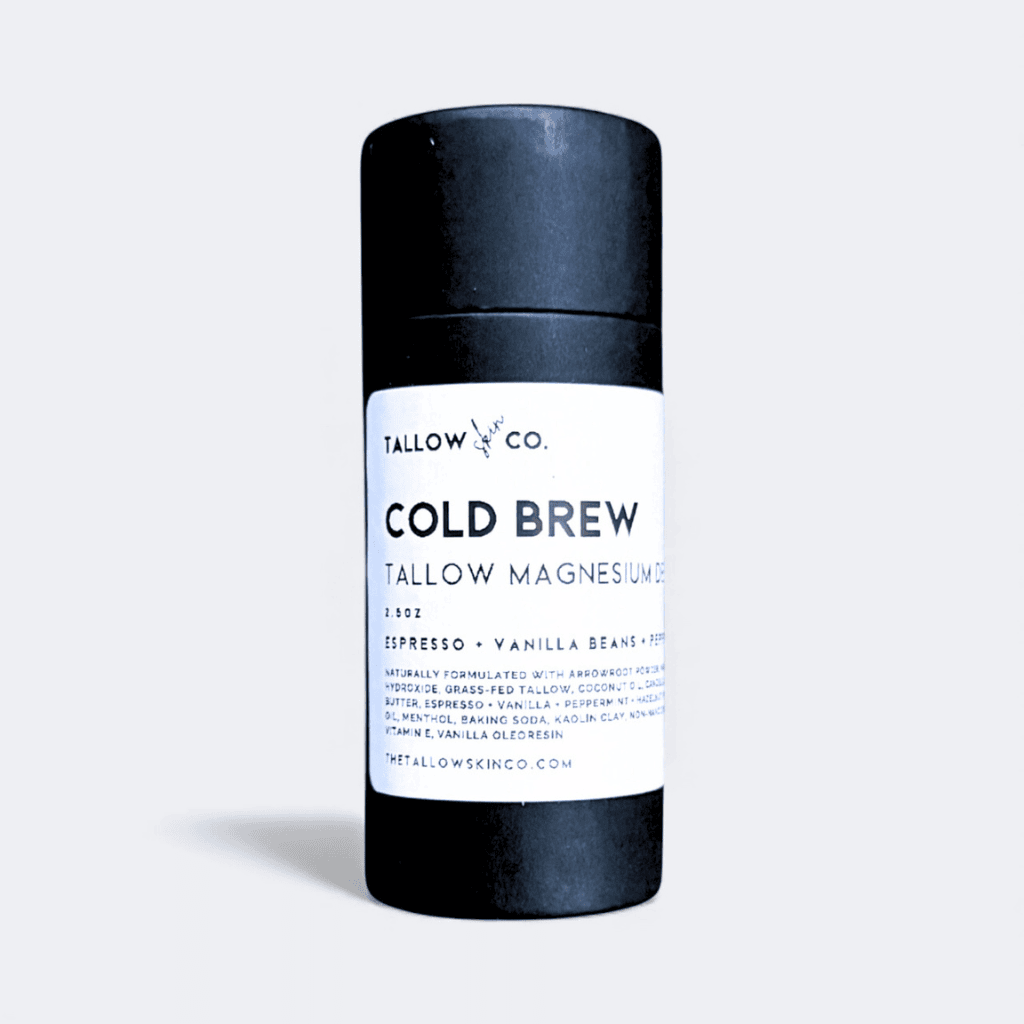 Black deodorant stick in tube with label reading "Cold Brew Tallow Magnesium"