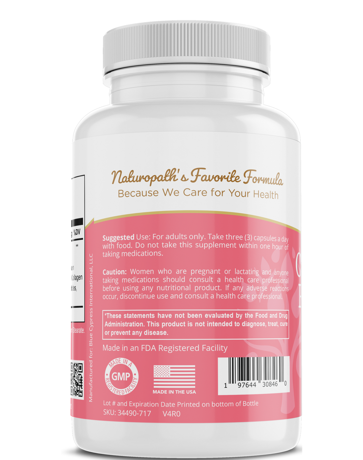 Collagen peptides supplement bottle back label with usage directions and GMP text