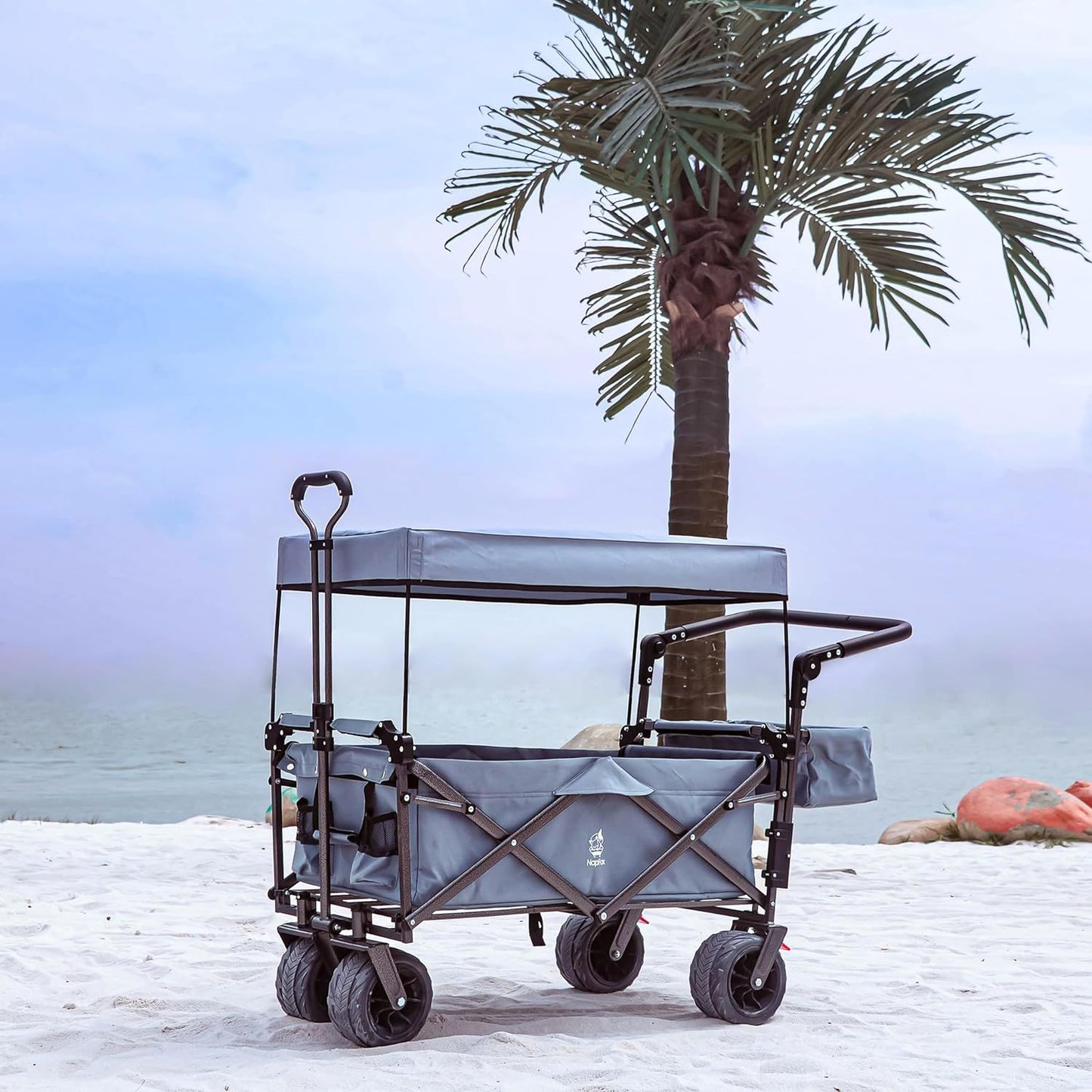 Collapsible Wagon Heavy Duty Folding Wagon Cart with Removable Canopy, 4" Wide Large All Terrain Wheels, Brake, Adjustable Handles,Cooler Bag Utility Carts for Outdoor Garden Beach - Renee Lane Company