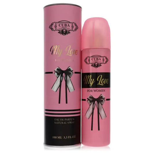 Women’s eau de parfum spray bottles, pink cylindrical design with bow label and black strip