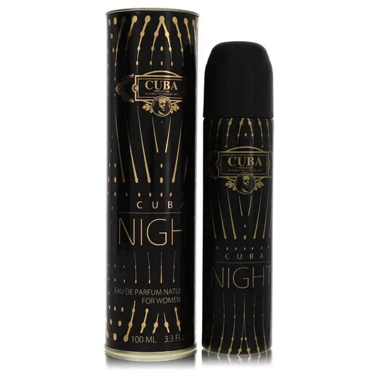 Women's eau de parfum bottle, dark cylinder with gold cap and Cuba Night branding