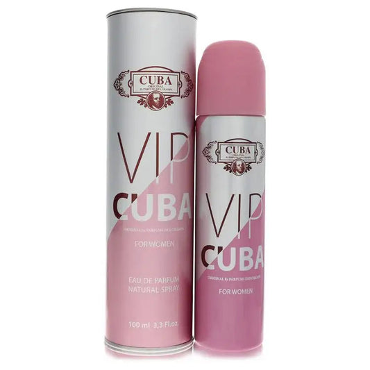 Women’s eau de parfum spray bottles, pink cap and silver canisters with CUBA VI logo.