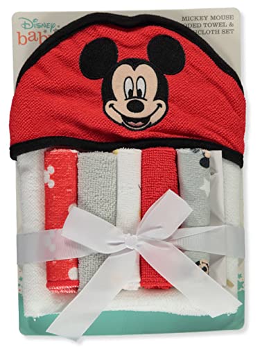 Cudlie Disney Baby Mickey Mouse Happy Face Print (Hooded Towel with 5 Piece Washcloth Set) - Renee Lane Company