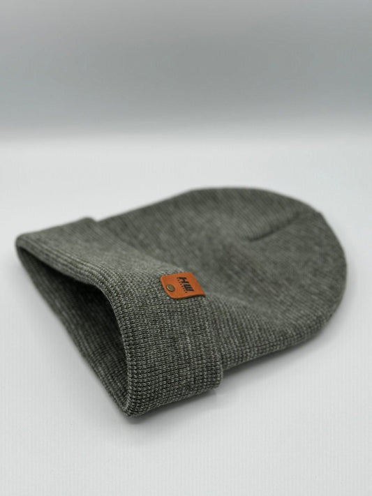 Cuffed knit beanie folded view in dark green-gray with orange logo tag