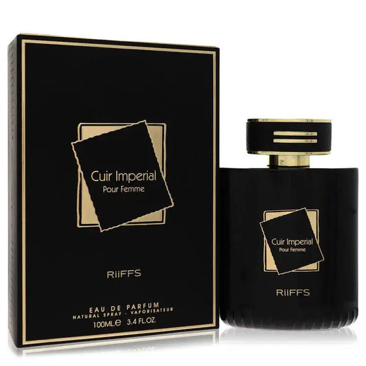 Women’s perfume gift set: dark bottle with gold cap beside Cuir Imperial box