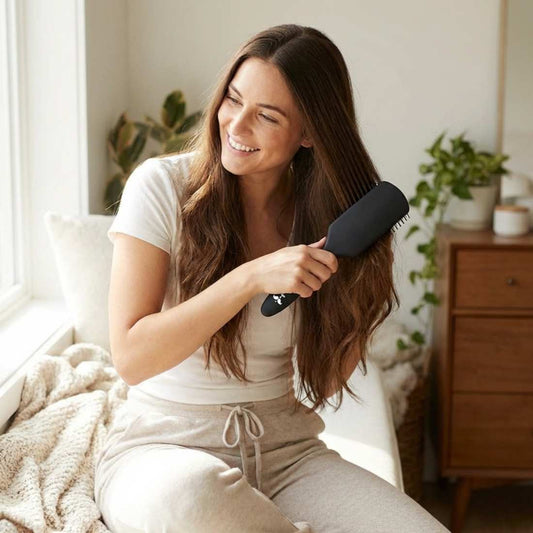 Black cushion hair brush with dense bristles, held in hand