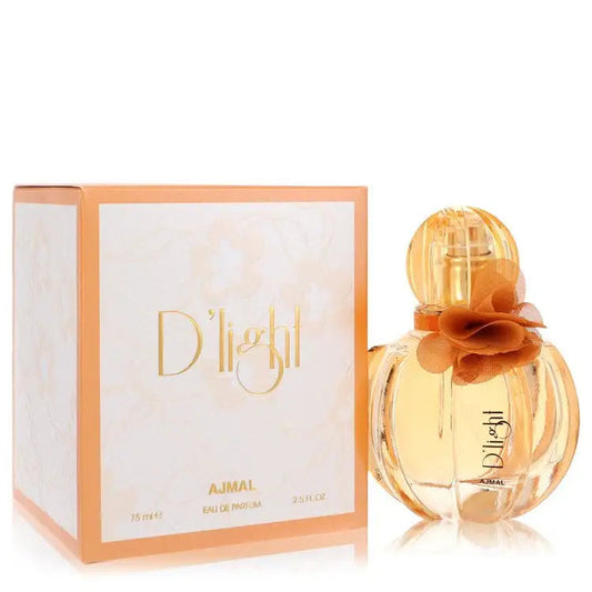 D'light by Ajmal women's perfume: round glass bottle with orange floral topper and box