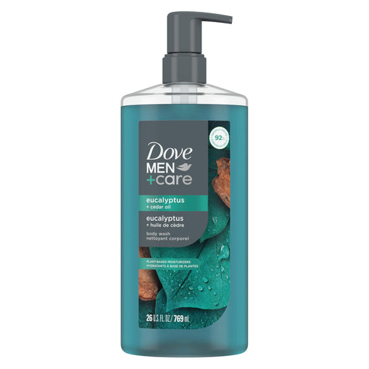 Dove MEN+care body wash bottle, teal liquid, eucalyptus + cedar on label
