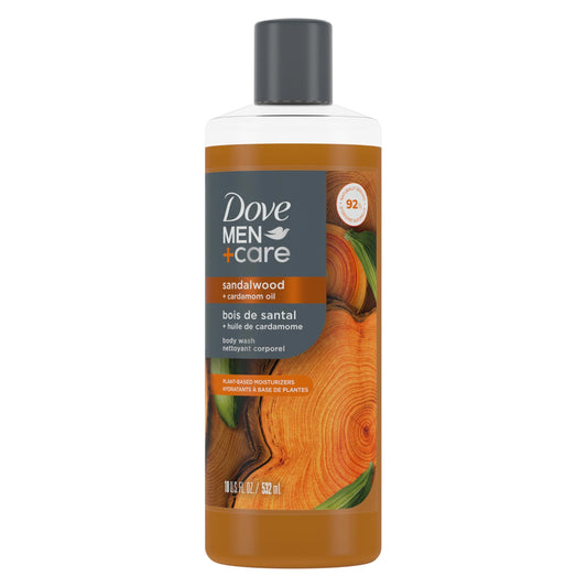 Dove Men+Care body wash bottle, dark cap and wood-grain sandalwood cardamom label