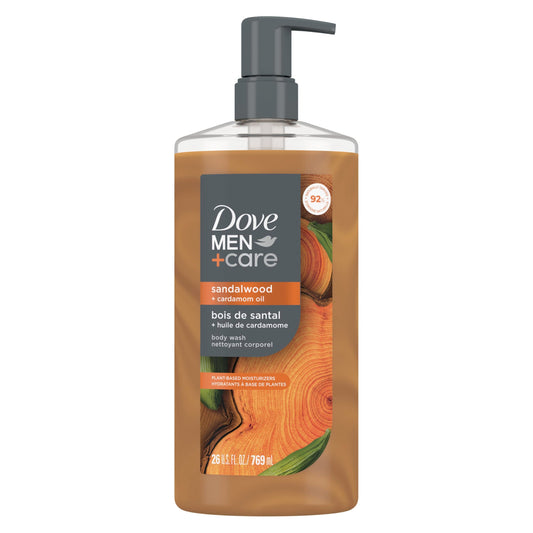 Dove Men+Care sandalwood & cardamom oil body wash, clear pump bottle, 26 oz