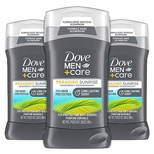 DOVE MEN + CARE Deodorant Stick for Men Aluminum Free 72-Hour Odor Protection Paradiso Sunrise 3 Count Mens Deodorant with Essential Oils & 1/4 Moisturizing Cream 3 oz - Renee Lane Company
