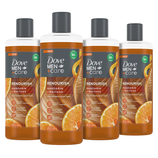 4-pack Dove Men+Care Renourish body wash bottles with orange liquid and dark caps