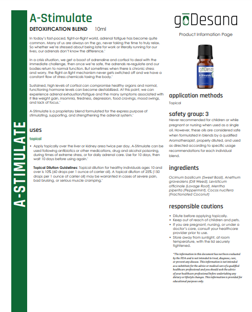 A-Stimulate essential oil information sheet with green STIMULATE sidebar