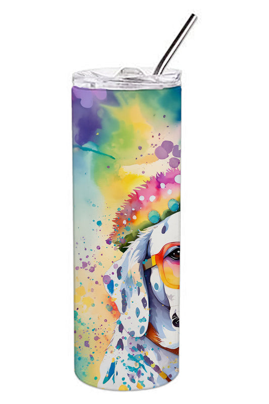 Skinny insulated tumbler with clear lid, black straw, and colorful dog watercolor art