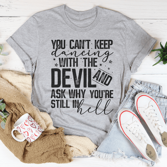 Heather gray graphic T-shirt with front slogan and star accents