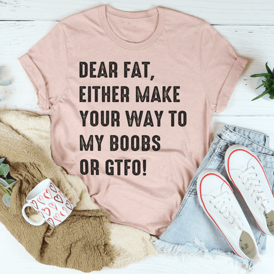 Mauve T-shirt with bold black "DEAR FAT" slogan graphic on the chest