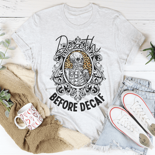 Gray crewneck short-sleeve T-shirt with Death Before Decaf skull graphic