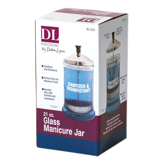 21 oz glass manicure jar box with chrome dispenser and sanitizer & disinfectant text