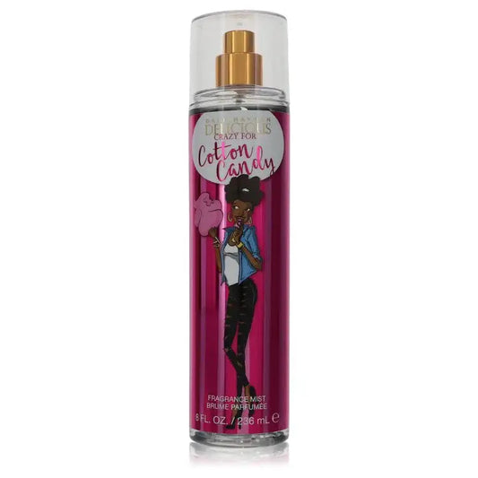 Fragrance mist spray bottle, clear body with gold cap and pink liquid, front label