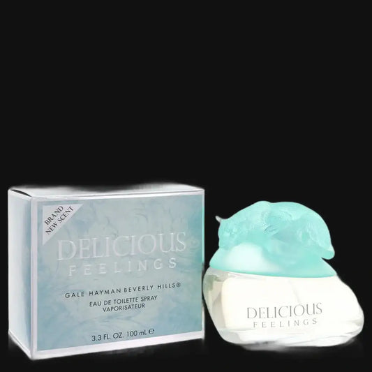 Delicious Feelings by Gale Hayman women’s perfume set with box and turquoise cap bottle