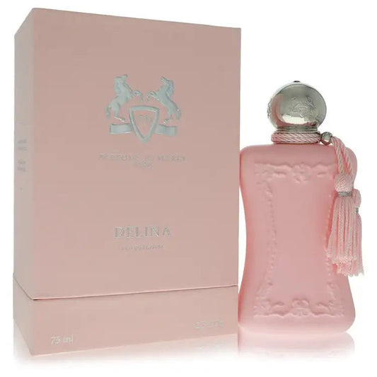 Delina by Parfums De Marly perfume in pink bottle with tassel, shown with gift box