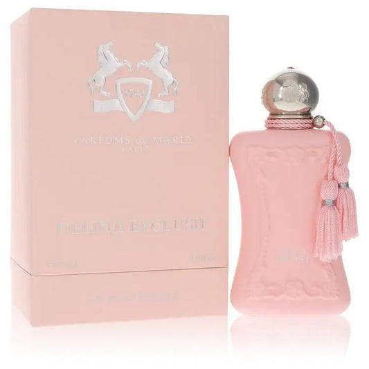 Delina Exclusif women's perfume bottle and matching pink presentation box, round silver cap