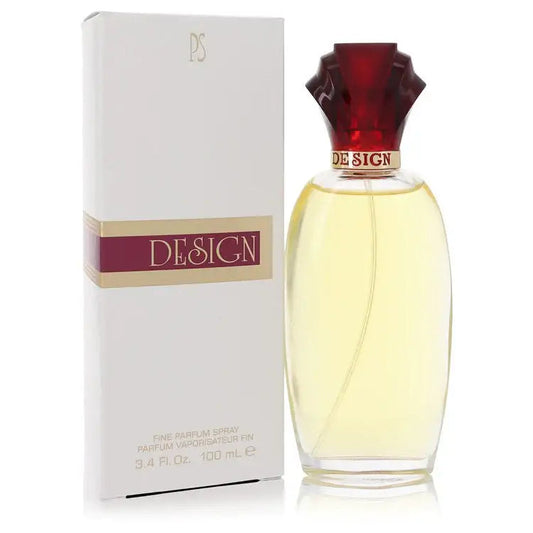 Women's perfume bottle with white box, yellow liquid, red cap on clear bottle
