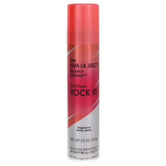 Fragrance body spray bottle with red cap and pink label, ROCK IT text