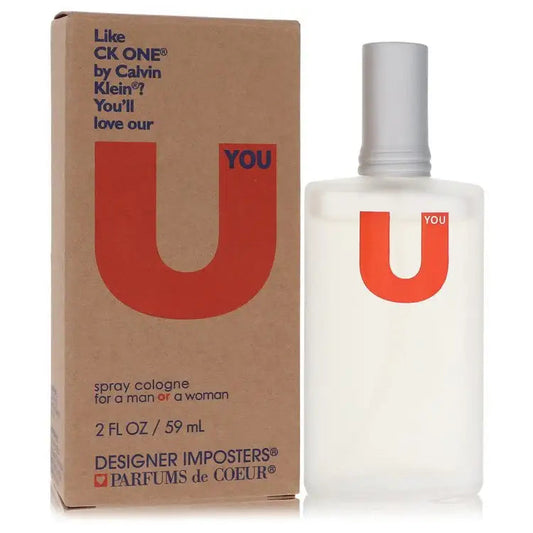 Unisex spray cologne bottle and kraft box with red U graphic and YOU text