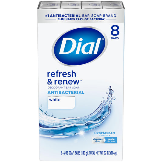 Dial antibacterial bar soap carton, 8 bars, refresh & renew, white deodorant