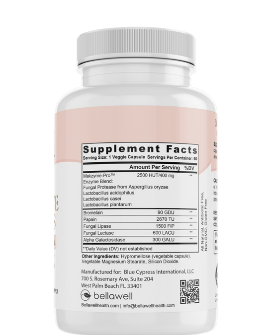 Digestive enzymes supplement bottle back label with Supplement Facts panel