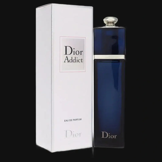 Dior Addict eau de parfum bottle with white box and deep blue flacon