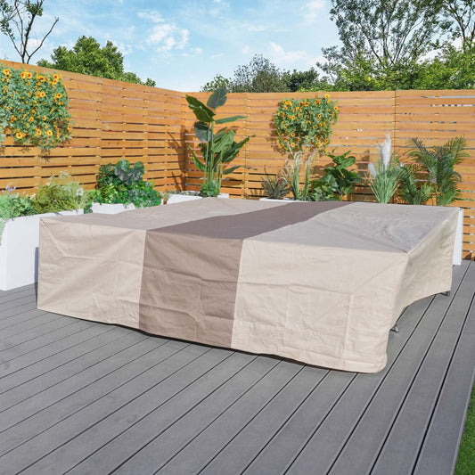 Water-resistant patio sectional sofa cover in light beige/cream, fitted over edges.