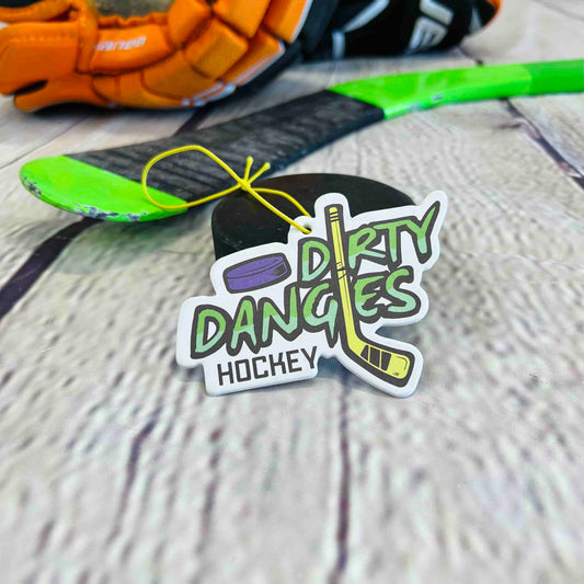Hockey-themed car air freshener charm with “DIRTY DANGLES” logo and neon green accents