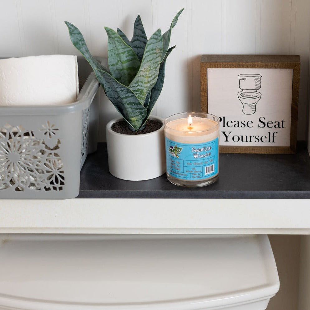 Seaside Woods candle burning in blue-labeled jar on shelf beside planter and sign