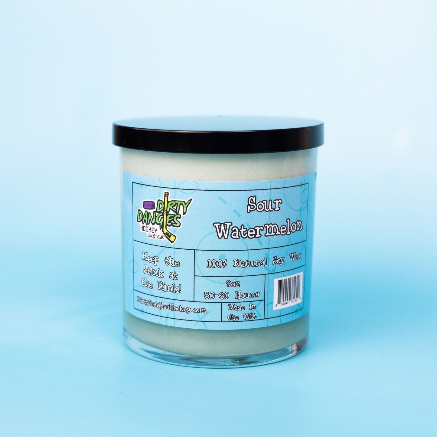 Sour Watermelon scented candle in frosted blue glass jar with black lid, label and barcode.