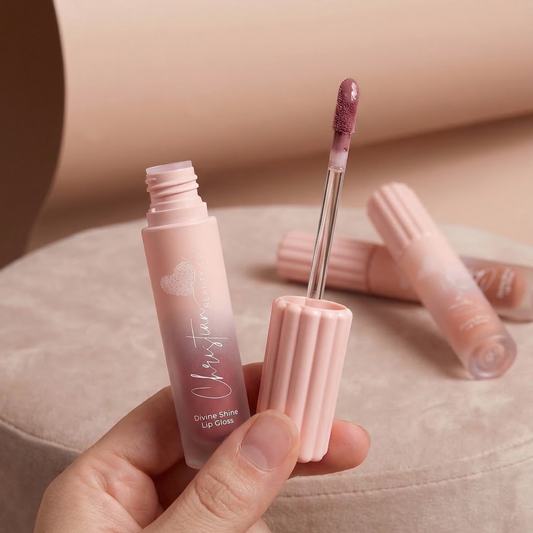 Divine Shine lip gloss wand applicator with deep mauve gloss held above a pink tube