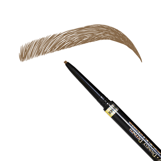 Thin black brow pencil with small tip; blonde eyebrow swatch above