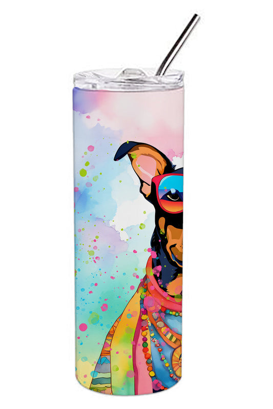 20 oz skinny insulated tumbler with clear lid, black straw, doberman face print