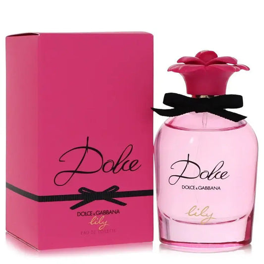 Dolce Lily perfume set: pink bottle with flower cap and matching box, Dolce & Gabbana print