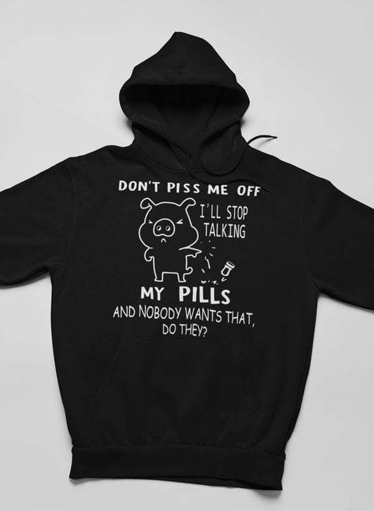 Black hoodie with front graphic text and pig illustration