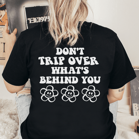 Black crew-neck T-shirt with large white back text and three flower icons