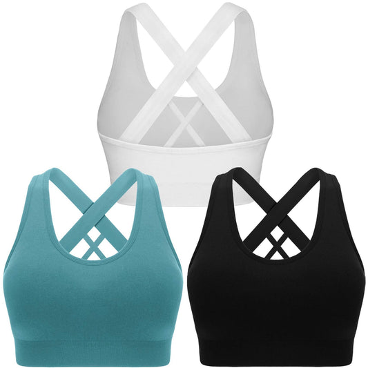 Sports bra set in white, teal, and black with crisscross back straps, padded cups