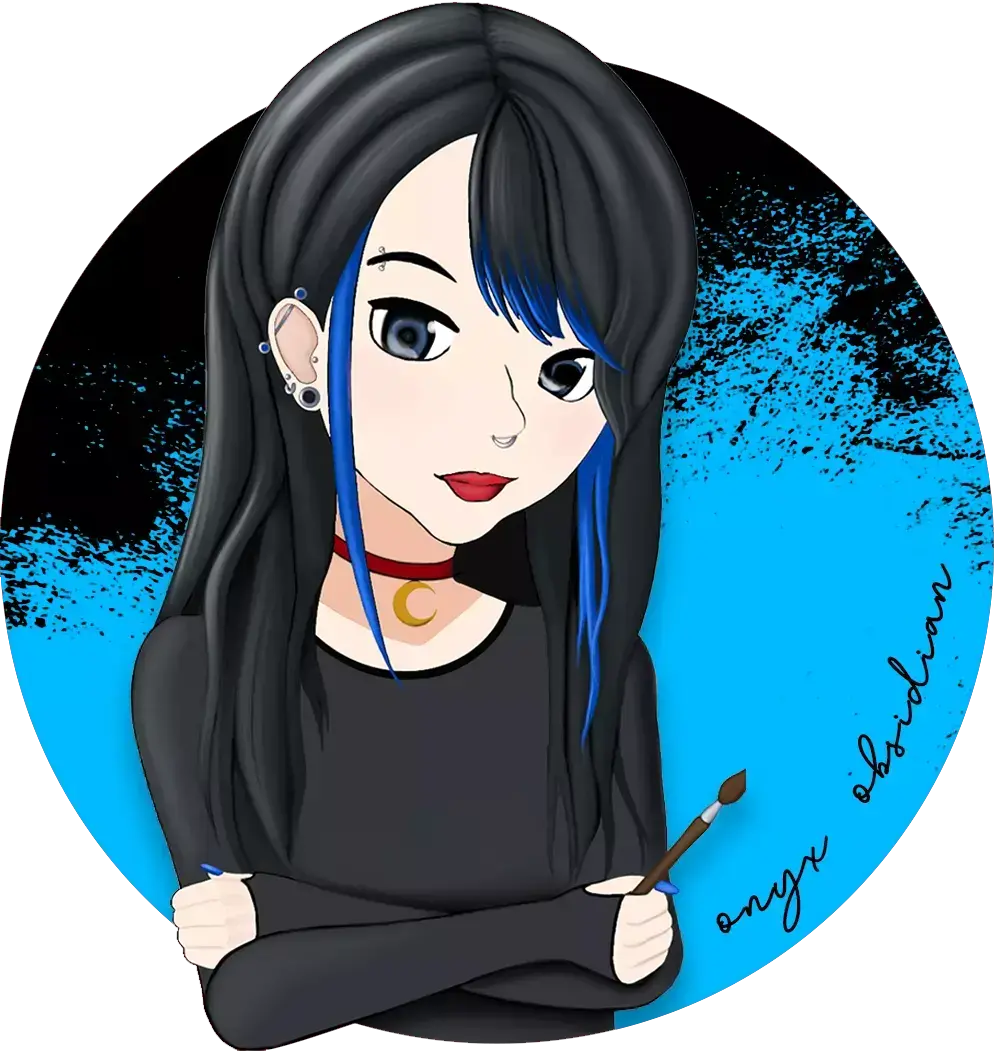Cartoon woman with long black hair, earrings, and holding a pen